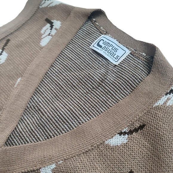 Women's Vintage Campus Knit Sweater Vest Geometric Leaves V-Neck Sleeveless - Picture 2 of 3